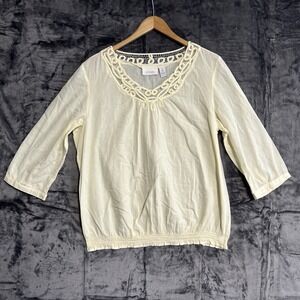 Chicos 2 (L) Yellow Cotton Blouse Cutout Neckline Smocked Waist‎ 3/4 Sleeve Boho